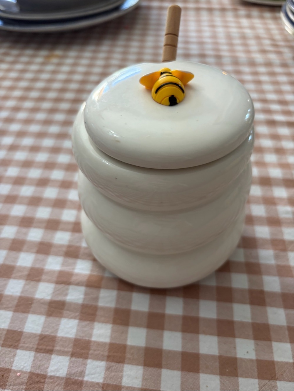 White Ceramic Honey Jar with Bee Lid Accent